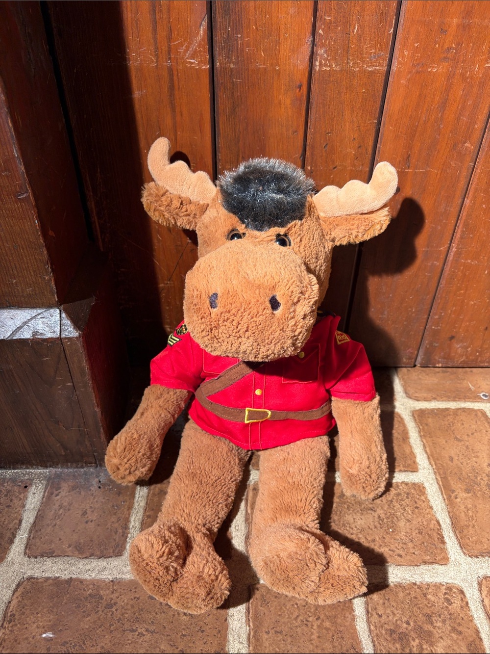 Plush Moose Stuffed Animal in Brown with Red Jacket